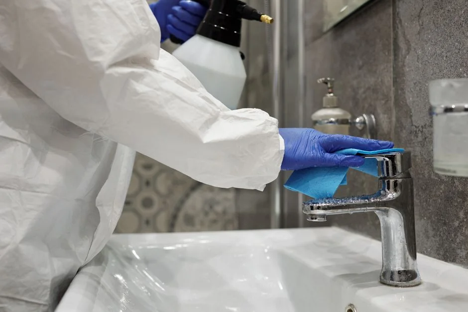A cleaner mopping the floor in a laboratory setting